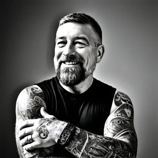 Prompt: A drawing of a man with a beard and tattoos on his arm and chest smiling at the camera and wearing a black shirt with the sleeves cutoff, photorealism, a realistic shaded middle-aged face, a charcoal drawing.