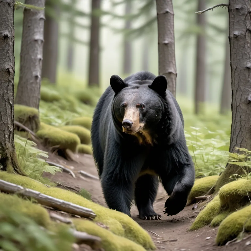 Prompt: A black bear ambling through a mountainous woodland.