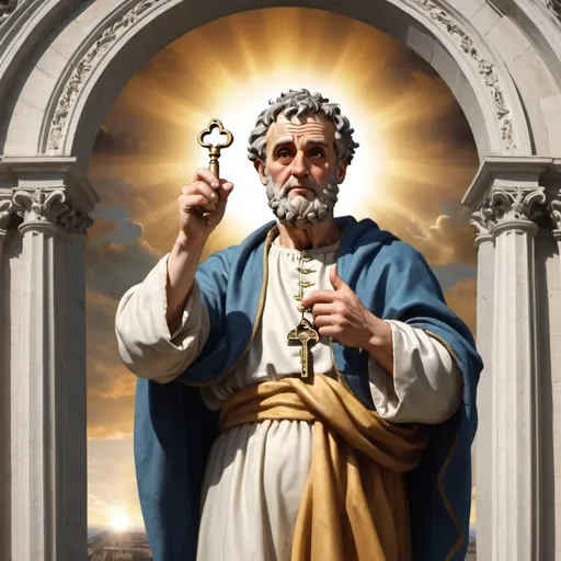 Prompt: Create an image of Saint Peter holding  the keys to heavens gate.