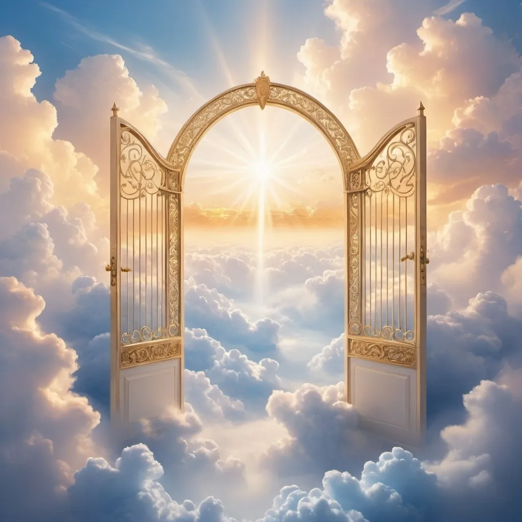 Prompt: Create an image of heavens gate in the clouds, as a Facebook banner.
