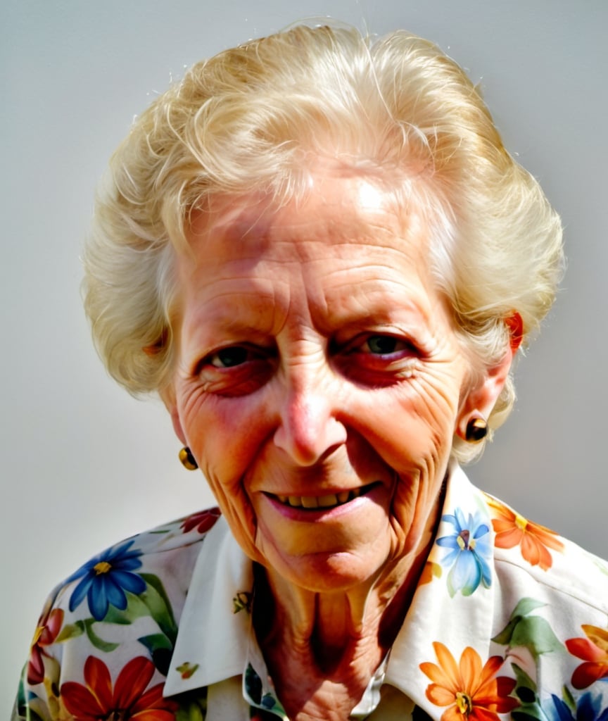 Prompt: a portrait of a 85 year old woman a flowered shirt on, smiling at the camera, with a white background, cloisonne, photorealistic portrait, an airbrush painting