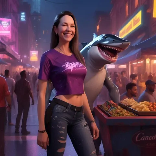 Prompt: A woman wearing a T-Shirt and jeans <mymodel> and  anthropomorphic shark wearing cyberpunk street vendor, realistic, muscular, human proportions, on the streets of Night City, huge grin, lots of scars, cyberpunk,  high definition, professional Pixar, Disney, concept art, 3d digital art, Maya 3D, ZBrushCentral 3D shading, bright colored background, radial gradient background, cinematic, Reimagined by industrial light and magic, 4k resolution post processing