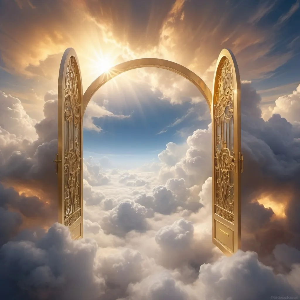 Prompt: Create an image of heavens gate in the clouds. 