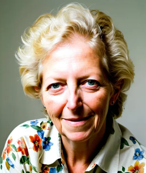 Prompt: a portrait of a woman a flowered shirt on, smiling at the camera, with a white background, cloisonne, photorealistic portrait, an airbrush painting