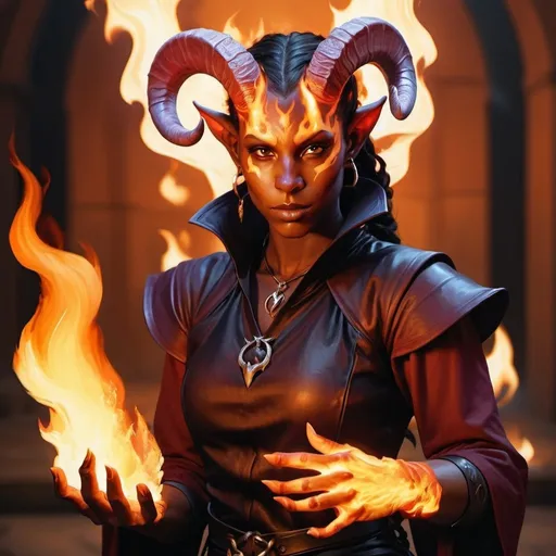 Prompt: hyper-realistic Tiefling character with fire hands, fantasy character art, illustration, dnd, warm tone