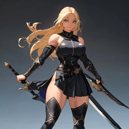 Prompt: Thick, muscular, athlete, very young looking, blonde female fantasy warrior assassin in a black, fantasy uniform that covers her entire body. Her skintone is tan. Her blonde hair has a bit darker tone and her hairs length fall slightly behind her shoulders and her hairs have spikey endings. She has a playful, cheerful, smiling in a dominant way face expression. She uses two long curved swords as weapons and holds one each sword in each hand. Her black fantasy uniform covers entire body, she has pants on her entire legs. Her black fantasy uniform has parts of a long skirt that falls on her thighs. She is running. Her jaw is wide for a young, athletic girl. You can see her feet. Under her dress, you can see her big thighs. Viewer can see her entire body.