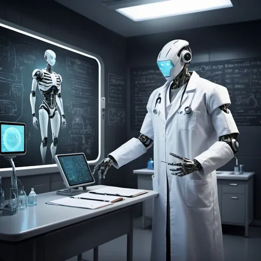 Prompt: Doctor robot in a futuristic classroom, digital painting, advanced medical equipment, high-tech blackboard, detailed metallic body, white lab coat, professional, futuristic, highres, ultra-detailed, sci-fi, futuristic, advanced technology, clinical lighting