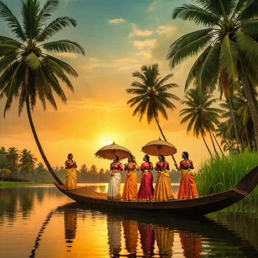 Prompt: kerala maveli onam celebration infront of backwaters and palm, coconut trees and a sunset behind