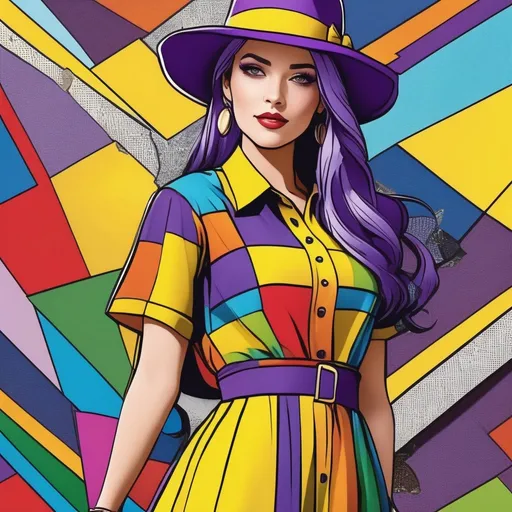 Prompt: woman wearing rainbow patchwork long dress, wearing a bright yellow fedora, purple hair, comic book style