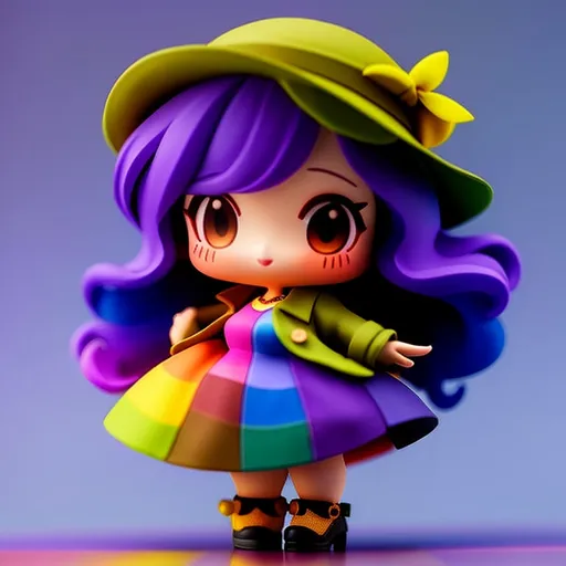 Prompt:  woman wearing a rainbow patchwork sundress and an olive green long coat, wearing a bright yellow fedora, purple hair