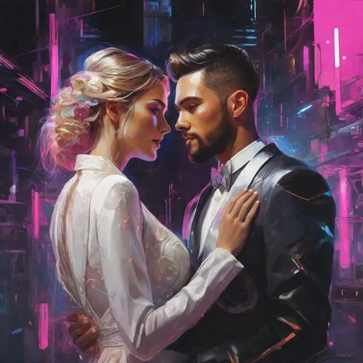 Prompt: A wedding portrait of a newlywed couple in the future, cyberpunk, splash art, science fiction