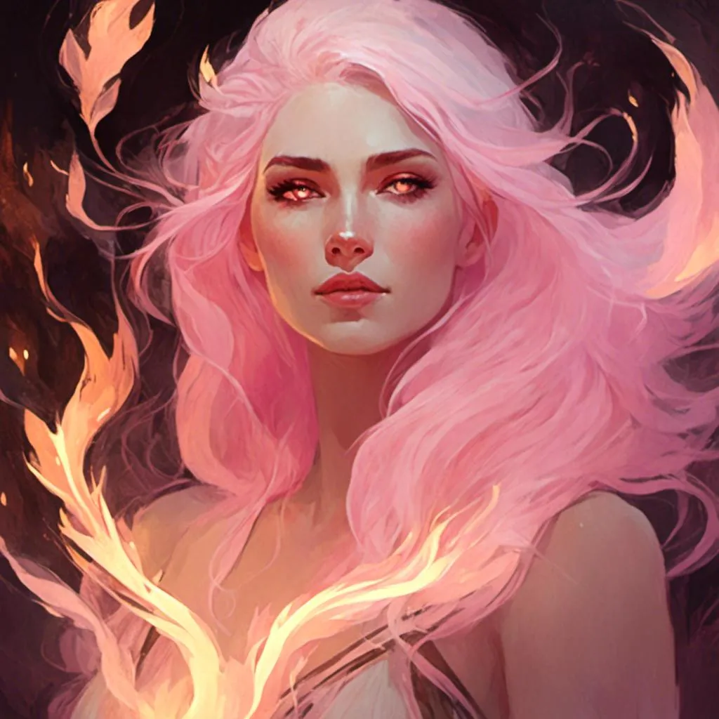 Prompt: Female druid with long light pink hair, white skin, pink glowing eyes, surrounded by fire, in <mymodel> artstyle