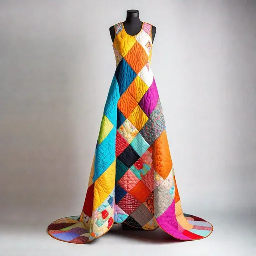 Prompt: professional product photo of a colorful quilted patchwork long dress, floating suspended midair, solid white backgroun, intricate fabric details, fashion product catalog image, studio lighting, front view