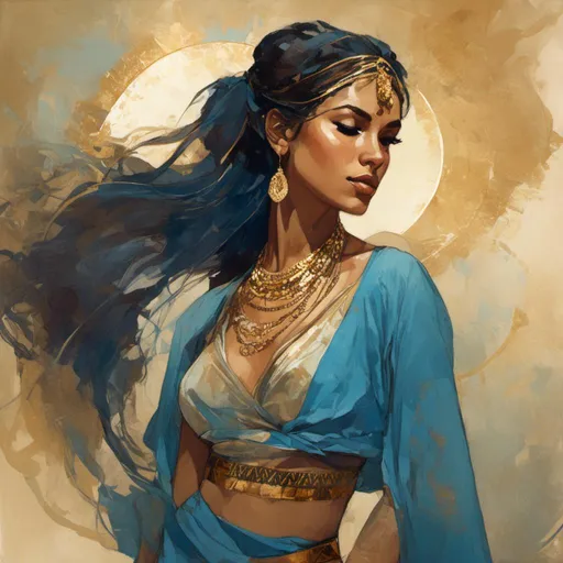 Prompt: A female belly dancer with a high brown ponytail, wearing blue clothing, tan skin, golden eyes in <mymodel> artstyle