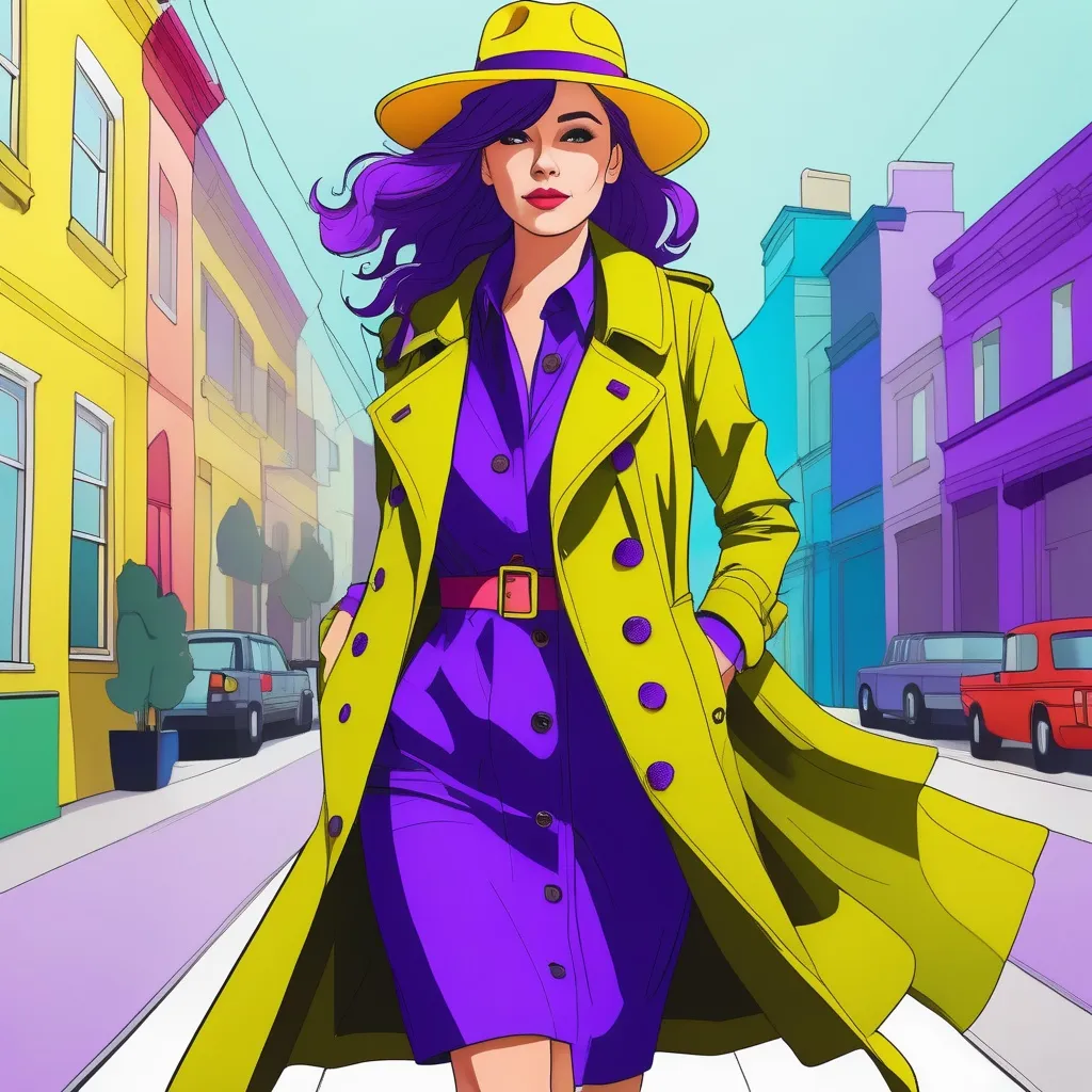 Prompt:  woman wearing a colorful sundress with olive green trench coat, wearing a bright yellow fedora, purple hair, comic style