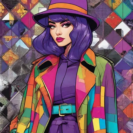 Prompt: woman wearing rainbow patchwork dress and a olive trenchcoat, wearing a bright purple fedora, purple hair, purple skin, comic book style