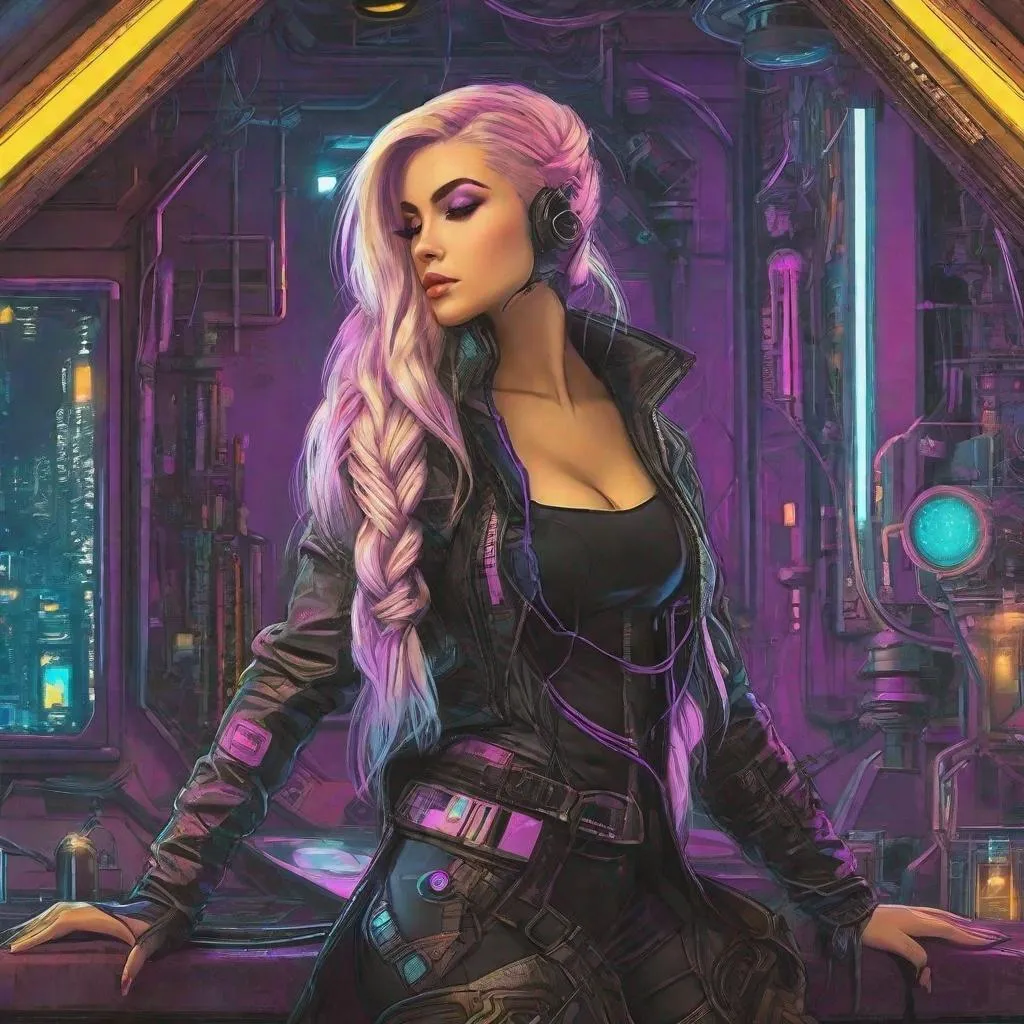 Prompt: Cyberpunk, Rapunzel, science fiction, comic book style, alternative clothing