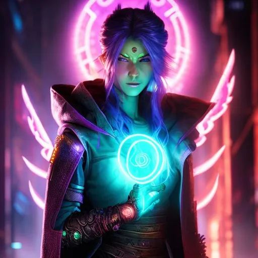 Prompt: Female mage character in Shadowrun, digital painting, magical aura, mystical runes, high quality, cyberpunk, vibrant neon colors, dramatic lighting, flowing robes, intense gaze, glowing magical effects, futuristic urban backdrop, detailed facial features, futuristic cybernetic enhancements