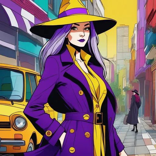 Prompt: witch wearing rainbow patchwork long dress and an olive trenchcoat, wearing a bright yellow fedora, purple hair, comic book style