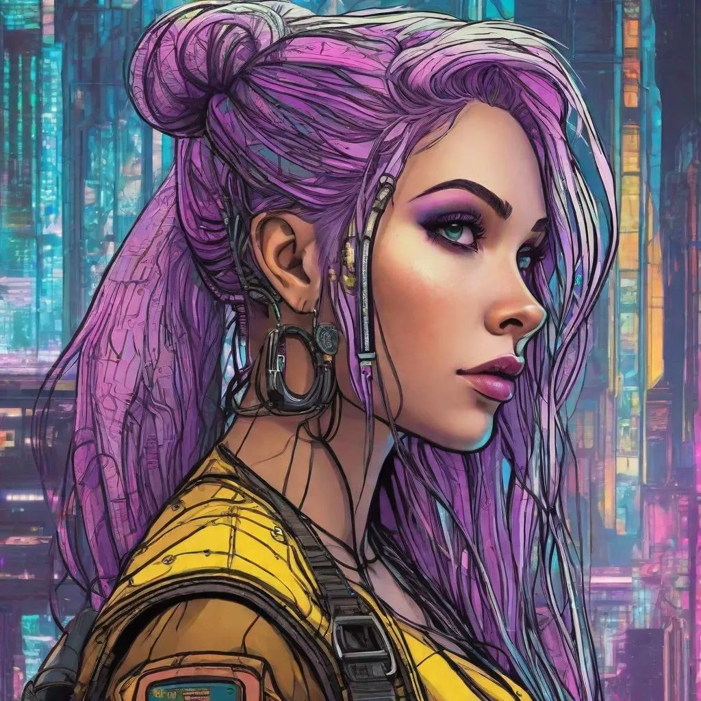 Prompt: Cyberpunk, Rapunzel, science fiction, comic book style, alternative clothing