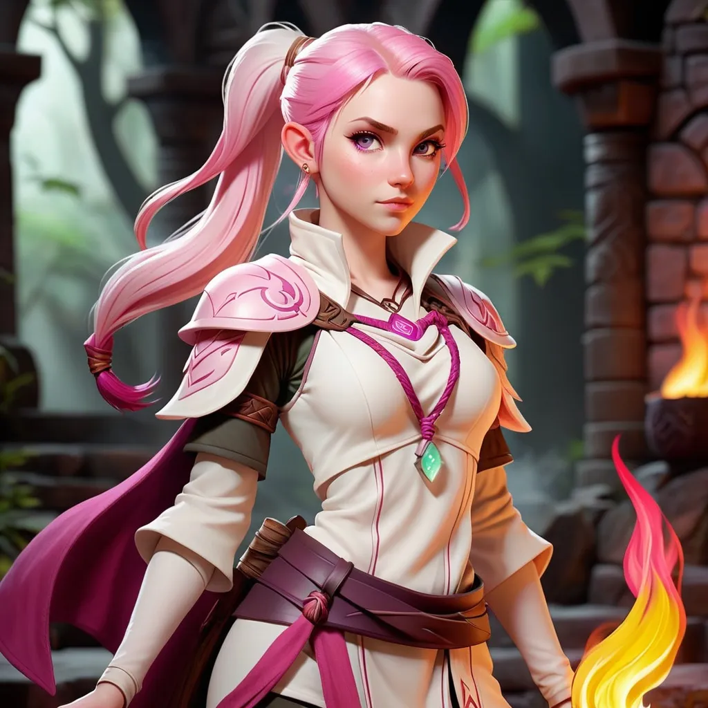 Prompt: Fantasy adventurer, full body shot, beautiful female druid, beautiful face, very pale white skin, light pink hair ponytail, pale pink eyes, changeling, fire mage, off-white and magenta clothing, dungeons and dragons