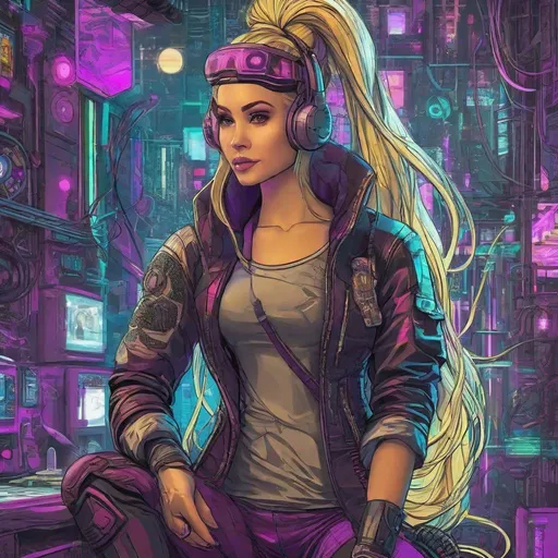 Prompt: Cyberpunk, Rapunzel, science fiction, comic book style, alternative clothing