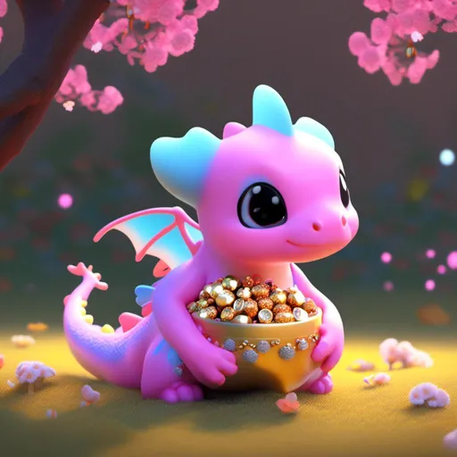 Prompt: <mymodel> a 3d render of kawaii dragon with a tiny treasure trove