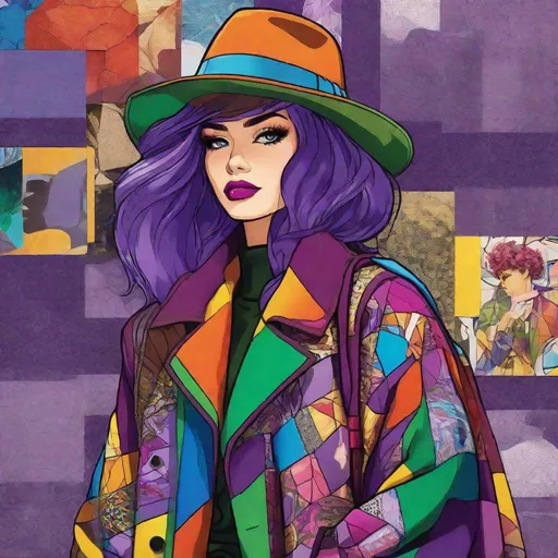 Prompt: woman wearing rainbow patchwork dress and a olive trenchcoat, wearing a bright purple fedora, purple hair, purple skin, comic book style