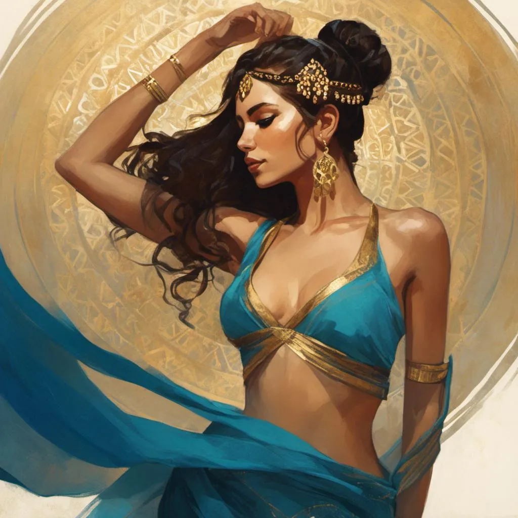 Prompt: A female belly dancer with a high ponytail, brown hair, wearing blue clothing, tan skin, golden eyes in <mymodel> artstyle