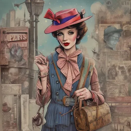 Prompt: Character concept art of Hipster Mary Poppins, mixed media illustration, retro urban setting, vintage fashion, modern twist on classic, detailed accessories, vibrant and colorful, high fashion, editorial style, character design, hipster, vintage, urban, mixed media, colorful, detailed, highres, editorial, modern twist