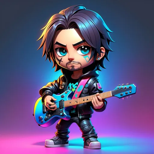 Prompt: Chibi Johnny Silverhand, cute stylized character design, vibrant colors, oversized head and features, wearing iconic cyberpunk jacket with vivid holographic elements, expressive eyes and characteristic guitar, dynamic pose, playful and energetic atmosphere, illustrated in high detail, comic book style, resembling art from anime, 4K quality, ultra-detailed.