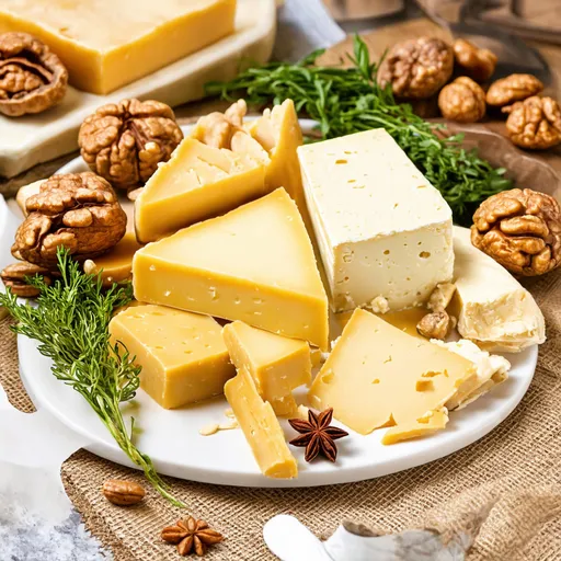 Prompt: (delicate illustration) cheese and walnuts together on a beautifully arranged platter, (vibrant colors) displaying fresh herbs and spices, (inviting ambiance) warm kitchen setting with soft natural lighting, (tantalizing) the texture of the cheese and the rustic charm of the walnuts, (culinary art) utensils and accessories highlight a gourmet touch, (high quality) 4K, ultra-detailed.