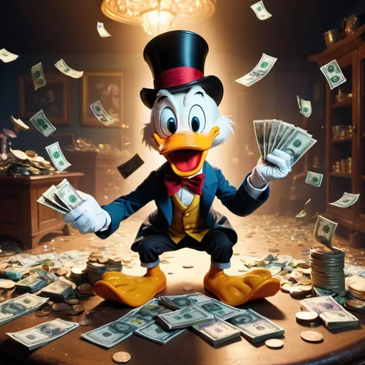 Prompt: Create an image of Scrooge McDuck sitting in the center of the picture, counting money. He is looking directly into the camera with a joyful expression. There is money scattered on the floor and piled on the table around him. The scene is vibrant and detailed, with a touch of digital illustration and neon light effects.