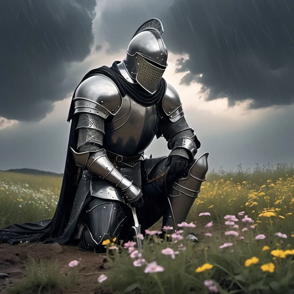 Prompt: In a world where battles rage endlessly and the skies weep for fallen heroes, a lone knight clad in ebony armor kneels amidst a field of wildflowers. His head is bowed, and his sword, once a beacon of hope, now rests heavy in his grasp. The rain falls gently, mingling with the delicate petals, as if nature itself mourns the burdens he bears. This knight, a somber sentinel of a forgotten age, finds solace in the quiet beauty surrounding him, a stark contrast to the storm within.