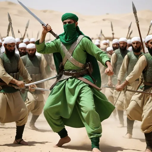 Prompt: A Muslim warrior who is very brave
 He is wearing green clothes
 And behind him are brave warriors
And in their hands should be soles
 And they are fighting
