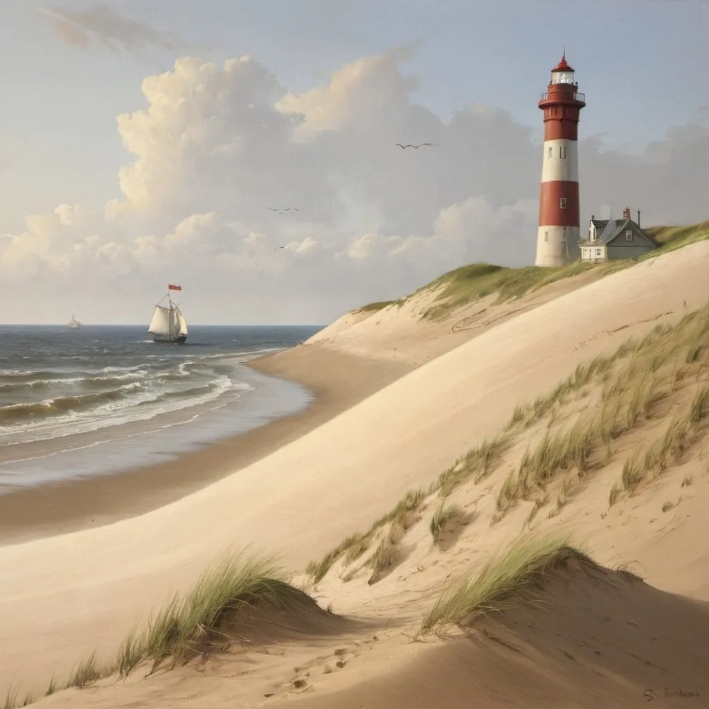 Prompt: painting of a dune beacht with a lighthouse and a ship in the sea