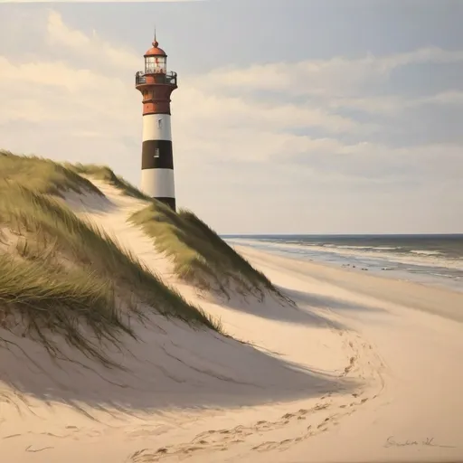 Prompt: painting of a dune beach with a lighthouse