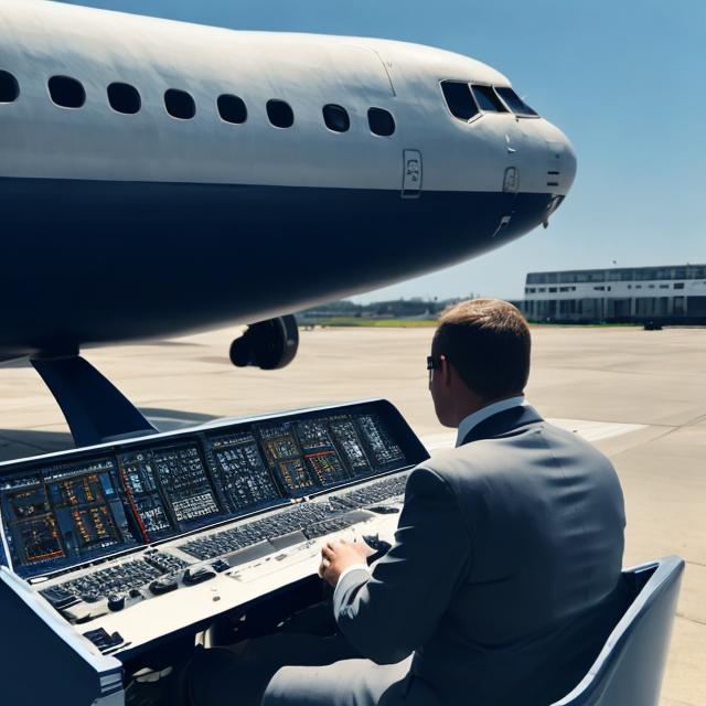 Prompt: man sitting infront of a plane with a keyboard