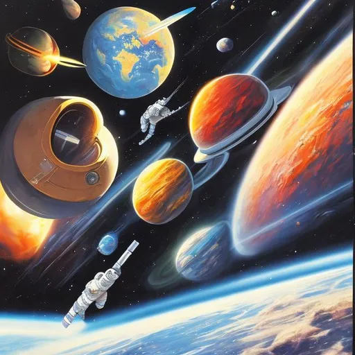 Prompt: 1980s space cover art painting