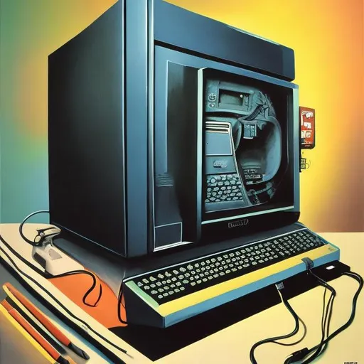 Prompt: 1980s computer
 cover art painting
