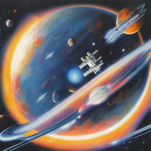 Prompt: 1980s space cover art painting