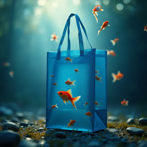 Prompt: a blue shopping bag filled with floating goldfish, visual metaphor for thoughts swimming freely, symbolic surrealism, ultra-detailed surreal portrait, dreamy backlighting, shot on Canon EOS R5