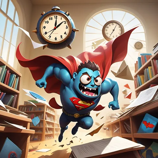 Prompt: A speedy monster with a giant clock for a head, wearing a superhero cape, dashing through a chaotic classroom filled with historical artifacts and dodging paper airplanes.