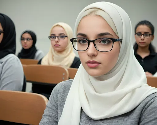 Prompt: Young woman is blond and wearing white hijab with black rounded eyeglasses setting in her seat in class and focusing in the lecture 