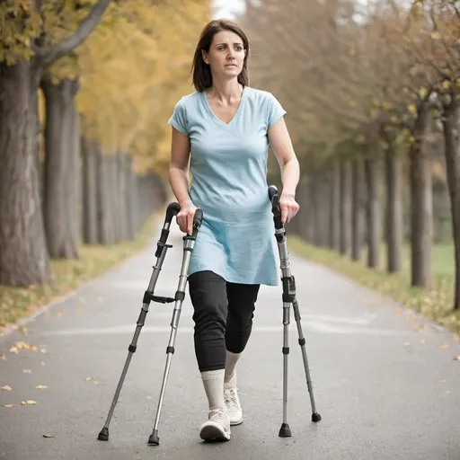 Prompt: 
 Woman using forearm crutches to walk with her broken leg 