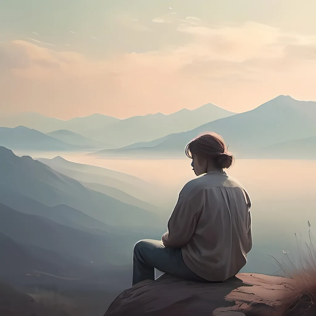 Prompt: (lonely figure sitting thoughtfully), introspective mood, (wistful expression), soft ambient lighting, faded colors, melancholic atmosphere, serene background with hazy distant mountains, delicate wisps of clouds in a pastel sky, subtle shadows enhancing depth, (high detail), evokes a sense of nostalgia and reflection, capturing the essence of what could have been.