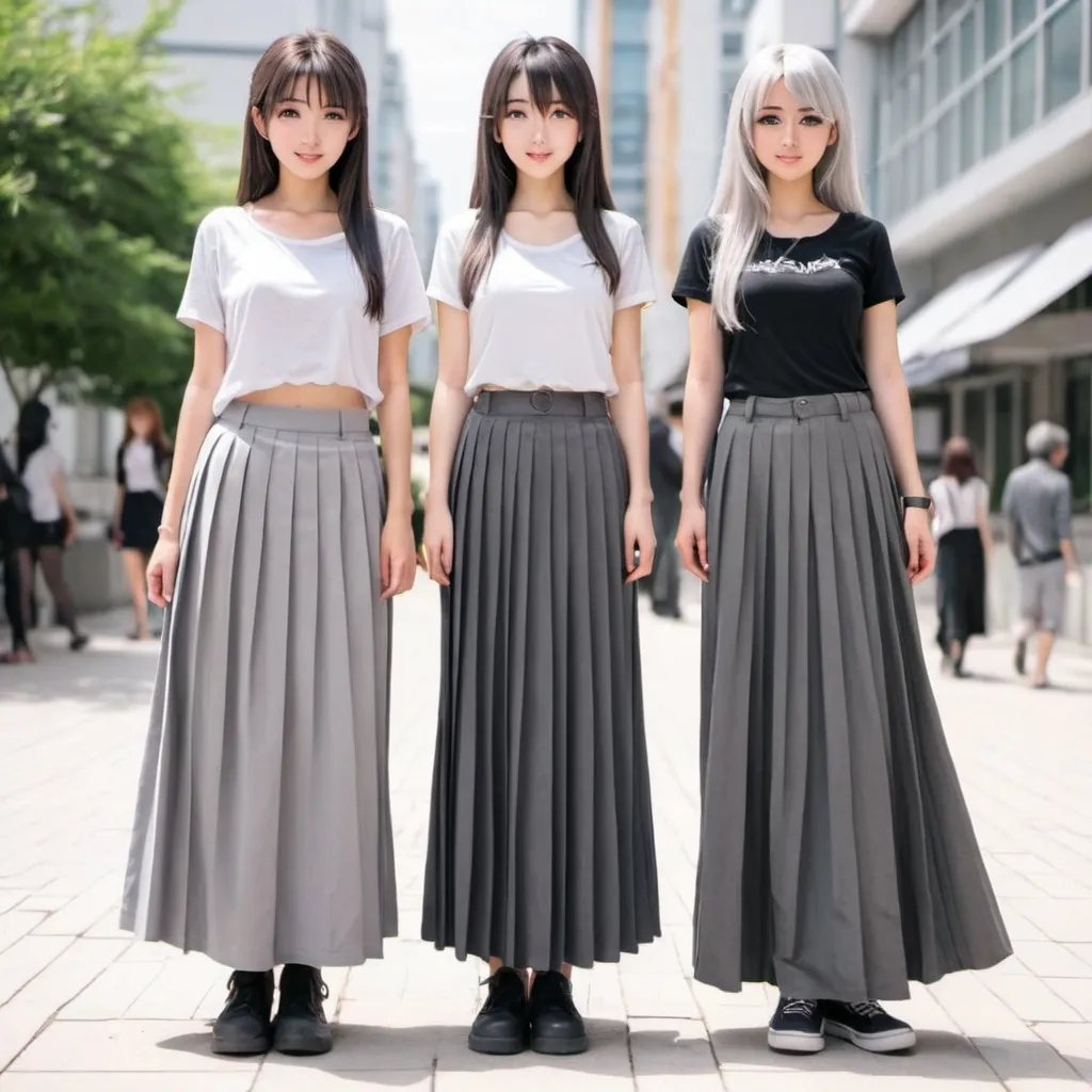 Prompt: anime girls wearing maxi long grey pleated skirts.