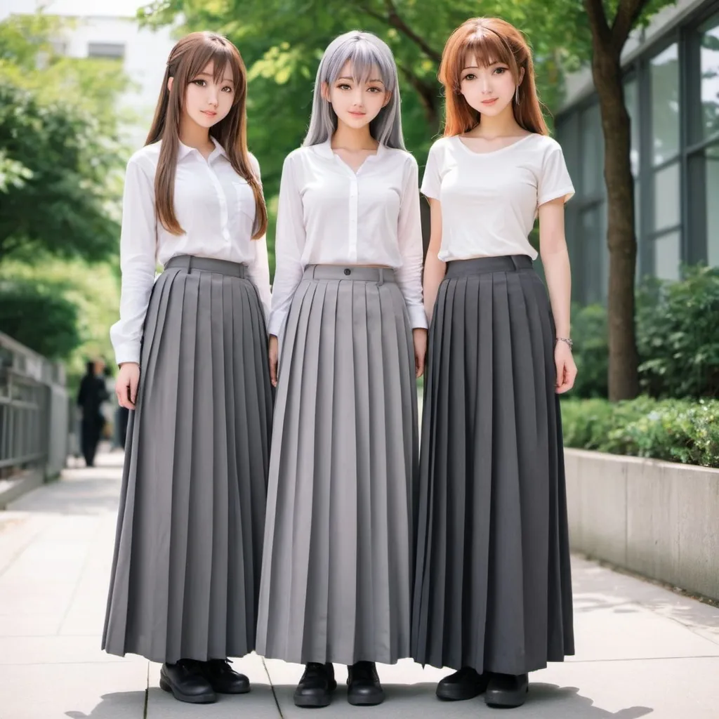 Prompt: anime girls wearing maxi long grey pleated skirts.