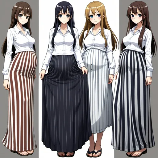 Prompt: Multiple slender barefooted pregnant long-straight haired anime girls who are wearing maxi long vertical striped skirts that are extremely long. The anime girls are also wearing long-sleeved buttoned white shirts.

The long maxi skirts have vertical striped patterns.