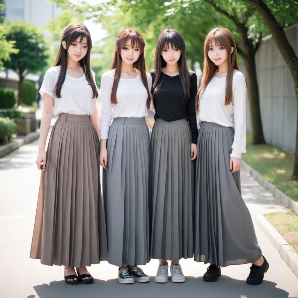 Prompt: anime girls wearing maxi long grey pleated skirts.